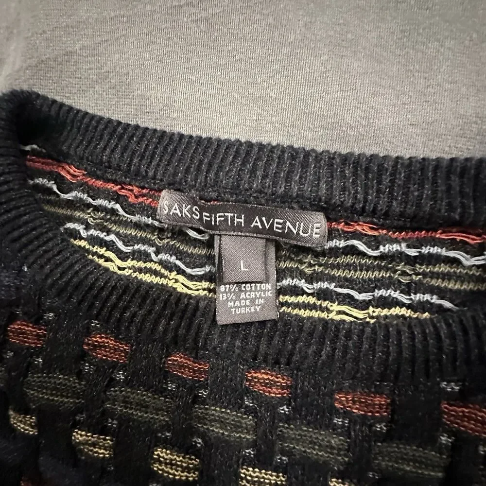 Vintage 90s Saks Fifth Ave Sweater Knit Geometric Texture Grandpa Mens L Navy